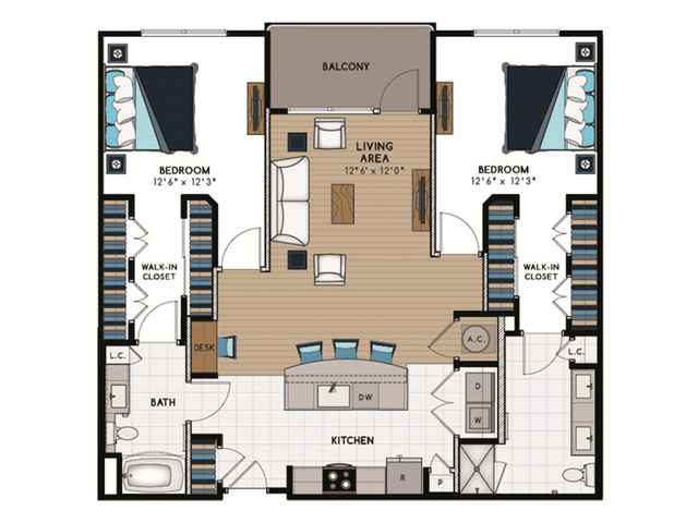 B2 Floorplan - 2 Bed, 2 Bath B (60% Income Restricted)