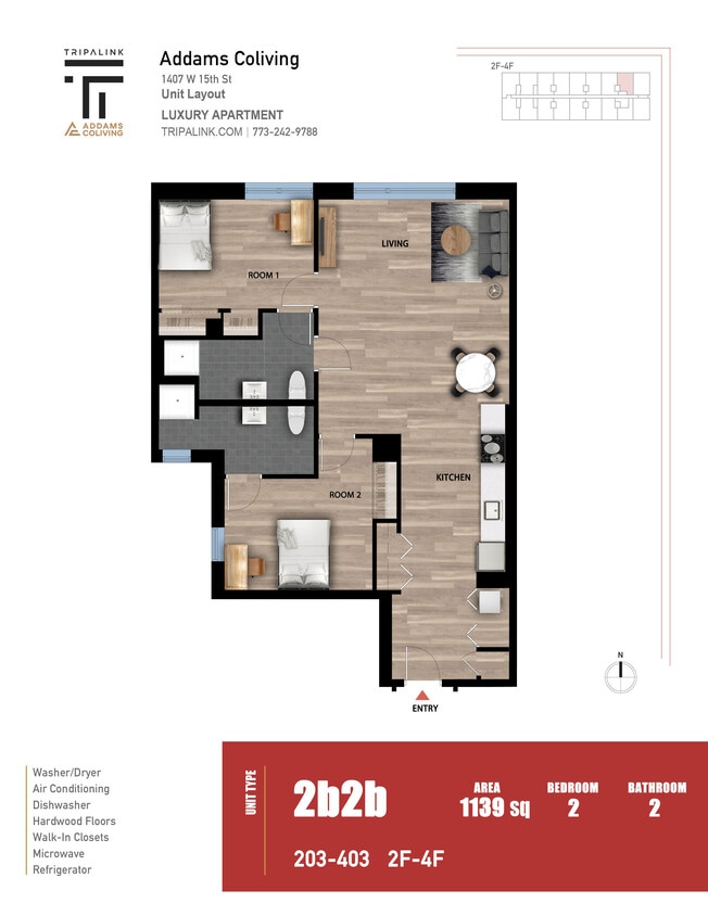 Floor Plan - 2 Bed 2 Bath - 1139 sqft