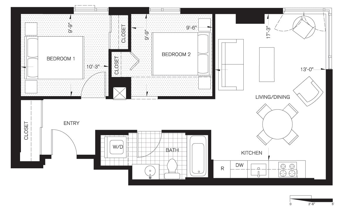 Floor Plan - Two Bedroom, One Bath (B1)