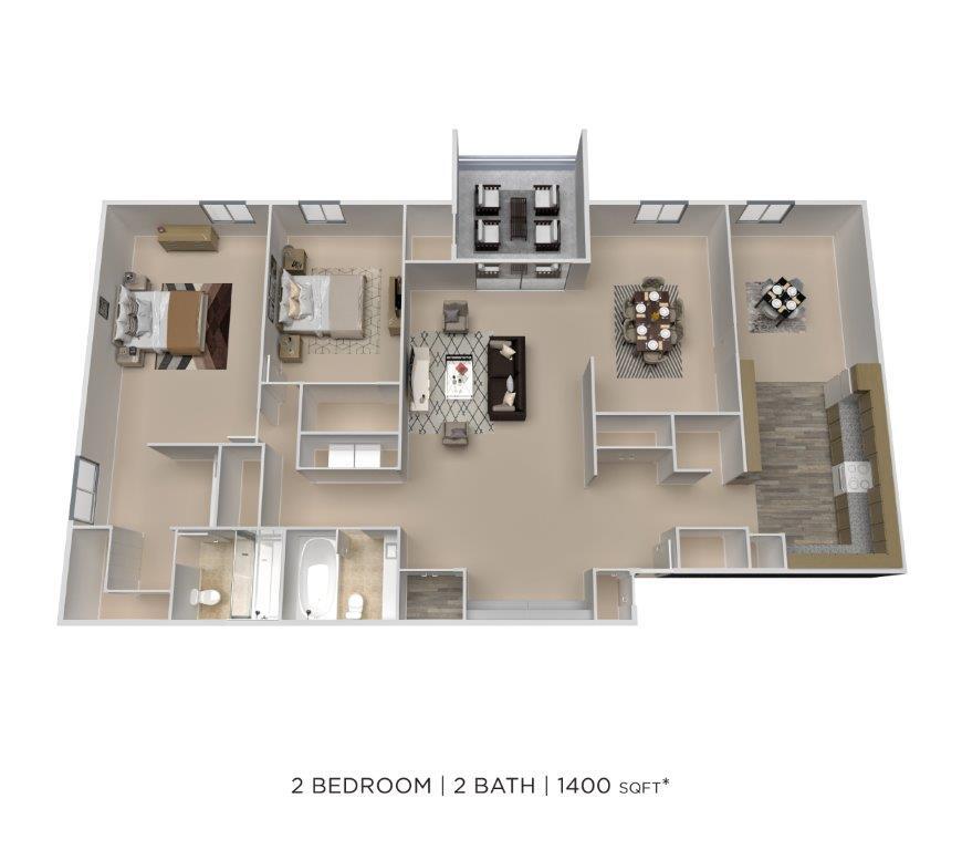 Floor Plan - Two Bedroom 2 Bath - 1,400 sqft
