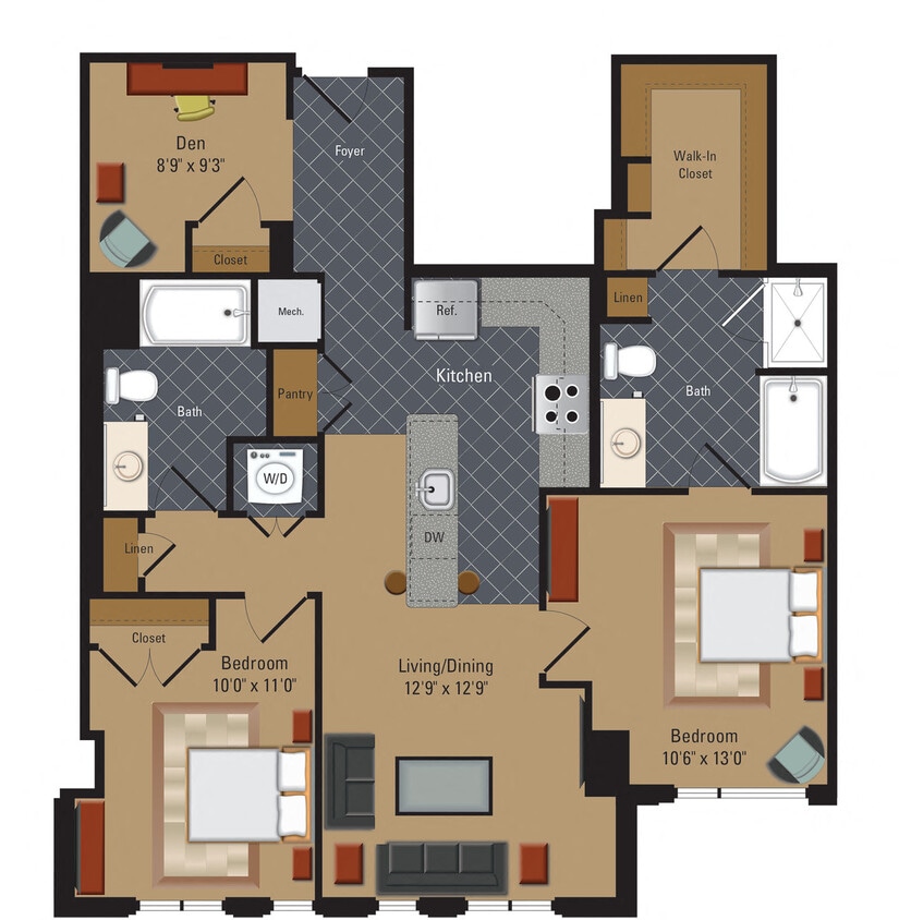 Floor Plan - 2 Bedroom / 2 Bathrooms / Den
