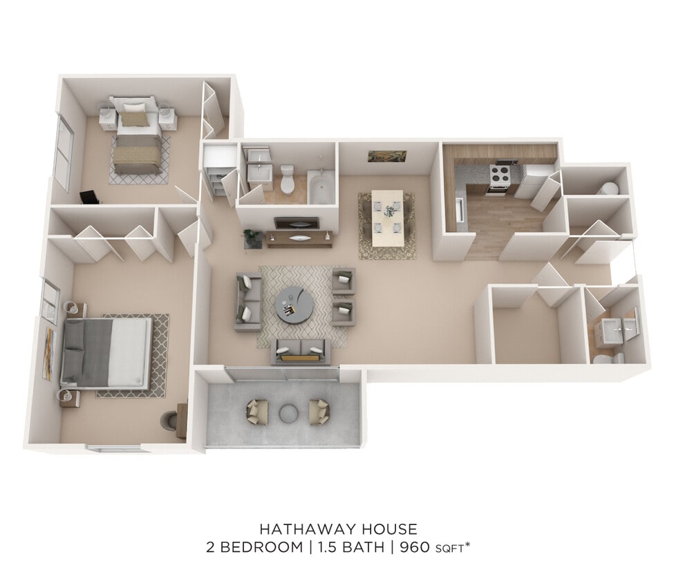 Floor Plan - Two Bedroom 1.5 Bath - 960 sqft