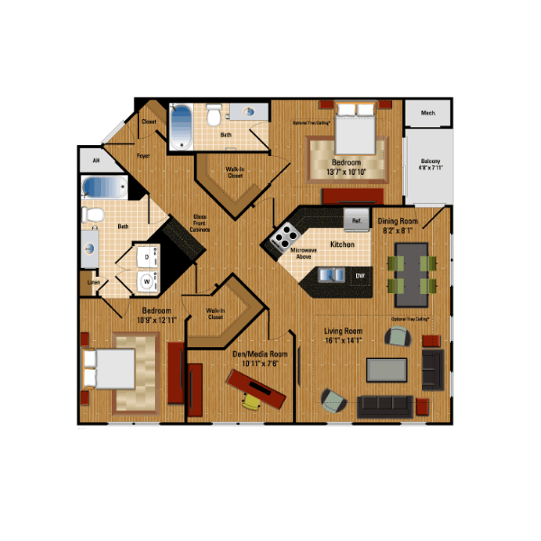 Floor Plan - 2 Bed + Den, 2 Bath 1196 SF BD1