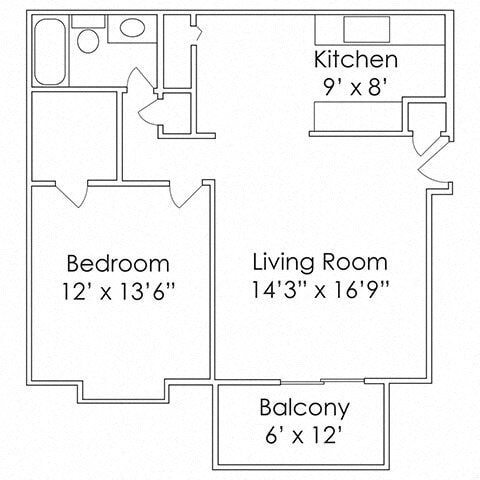Floor Plan - 1 Bed, 1 Bath - A2 690 SF