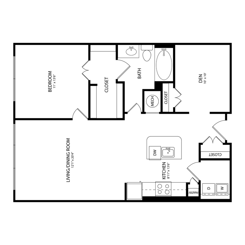 Floor Plan - 1 Bedroom + Den, 1 Bath 970 SF B5