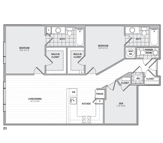Floor Plan - 2Bed/2BathwDen-D1