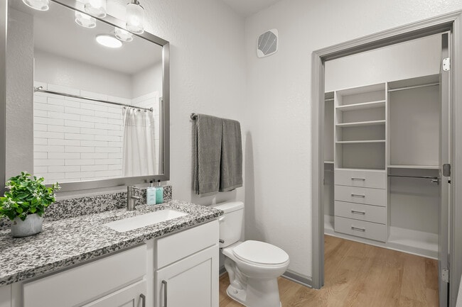 Modern bathroom with elegant granite countertops, under-sink storage, large mirror, and access to a spacious walk-in closet. - Avana Parkway