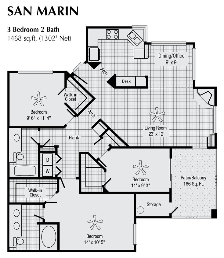 Floor Plan - 3 Bed 2 Bath 1468 SqFt (1302 Net)