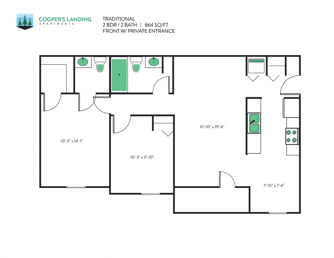 Floor Plan - 2 Bed, 1.5 Bath - 864 sq ft