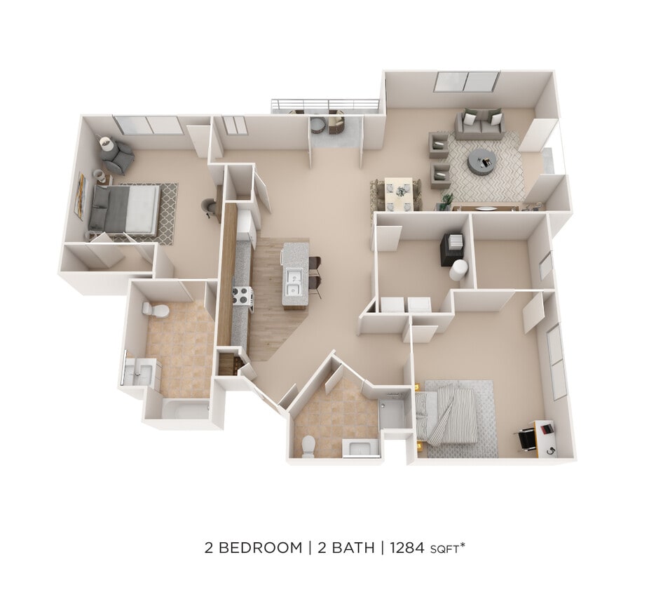 Floor Plan - Two Bedroom 2 Bath- 1284 sqft