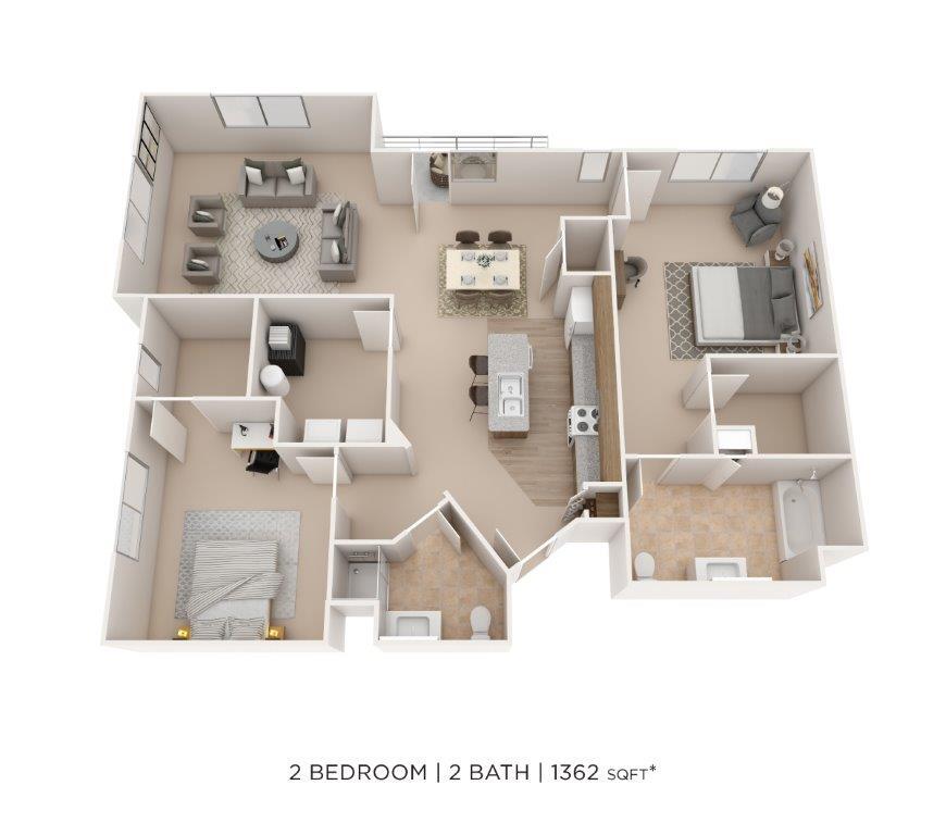 Floor Plan - Two Bedroom 2 Bath- 1362 sqft
