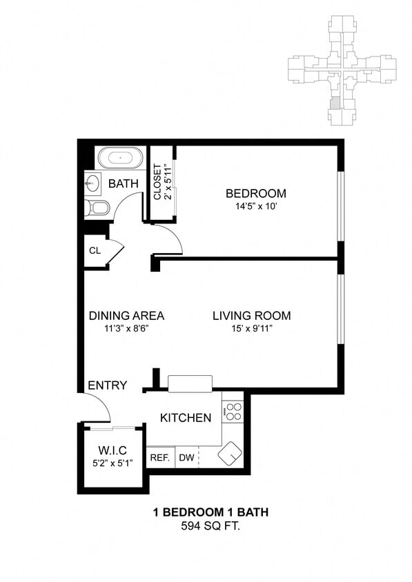 Floor Plan - 1 Bdrm 594 Sq Ft