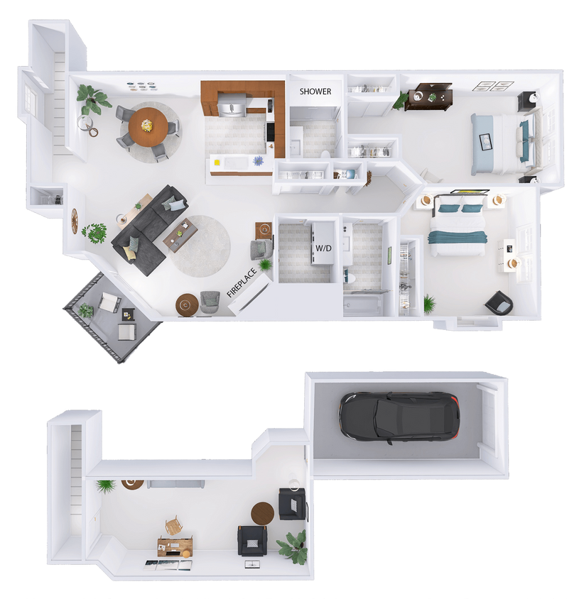 Floor Plan - 2 Bed, 2 Bath + Den w/ 1 Car Garage - Upper Int...