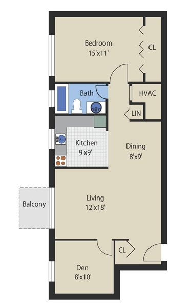 1BR/1BA - One Bedroom w/ Den