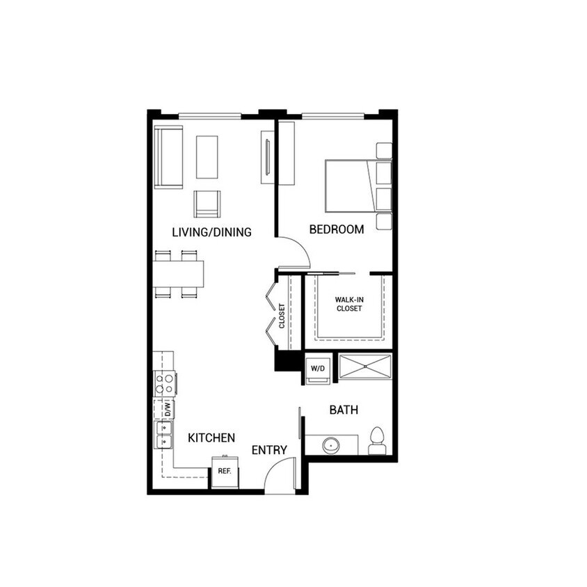 Modern open-concept floor plan featuring a spacious living/dining area, one bedroom with a walk-in closet, and a well-appointed kitchen. - A7