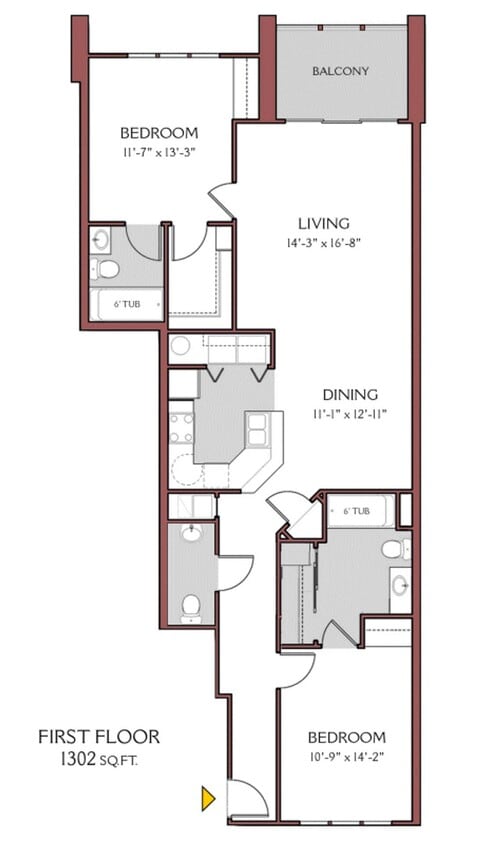 Floor Plan - 2 Bed/2.5 Bath - (1st floor) with Wood Floors