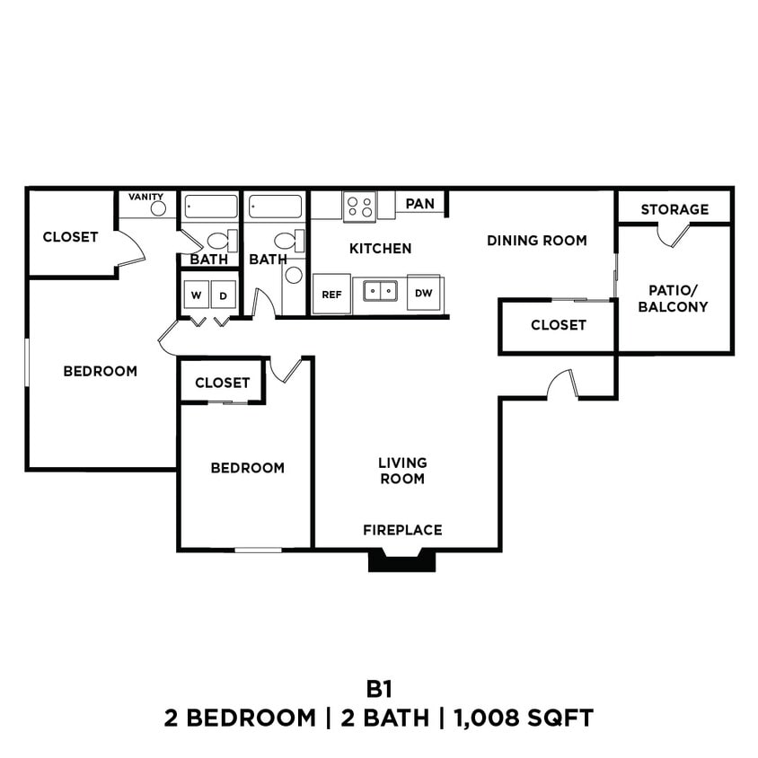 Floor Plan - Two Bed Two Bath 1008 Sqft