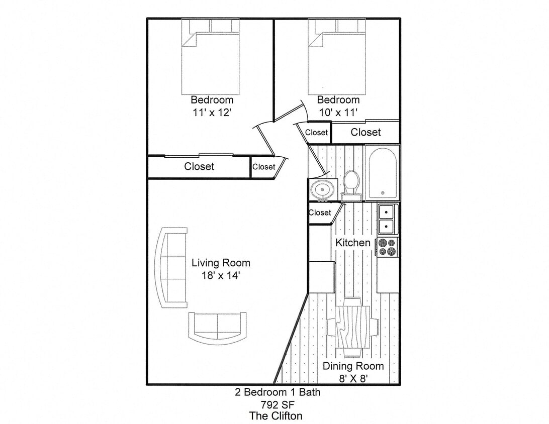 Floor Plan - 2Bed/1Bath 1st Floor Garden