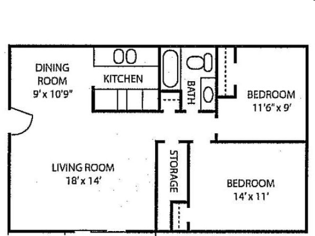 2BR/1BA - 2 Bed, 1 Bath - 947 SF