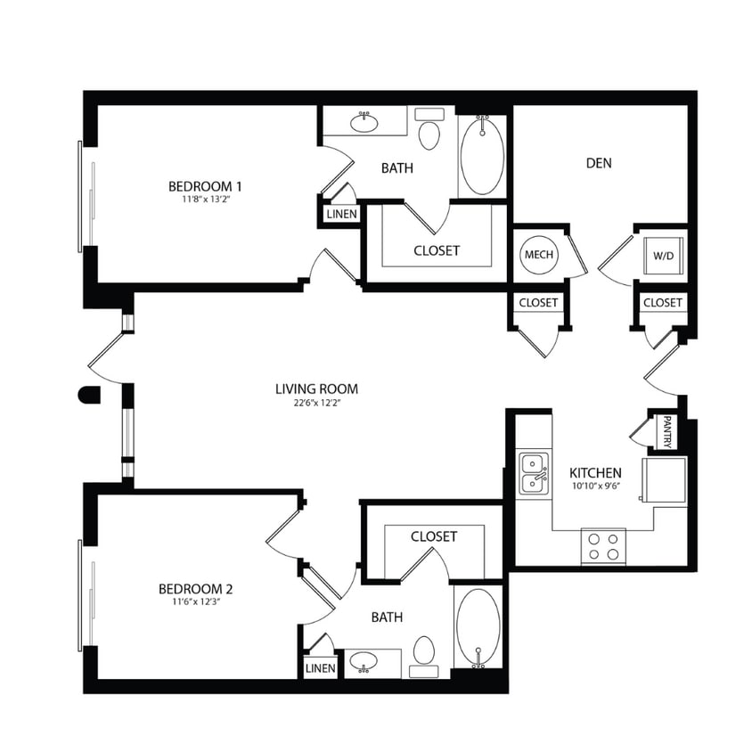 Floor Plan - 2 Bedroom, 2 Bath 1188 SF B1
