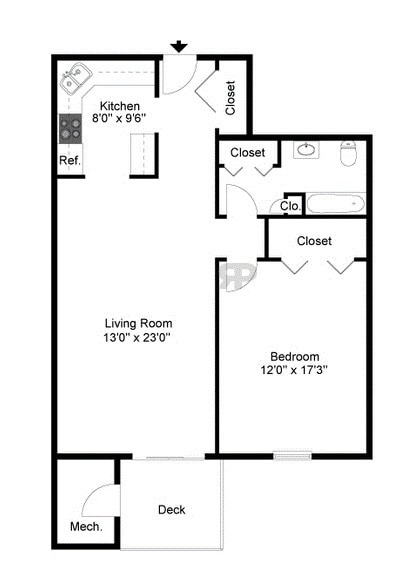 Floor Plan - 1 Bedroom, 1 Bath