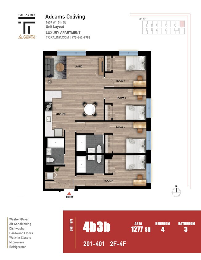Floor Plan - 4 Bed 3 Bath - 1277 sqft