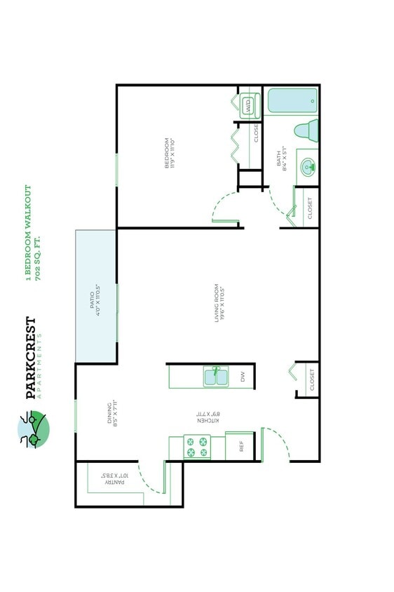 Floor Plan - 1 Bed, 1 Bath - 702 sq ft