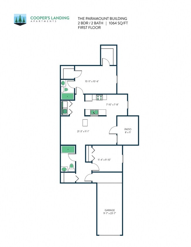 Floor Plan - 2 Bed, 2 Bath- 1064 sq ft