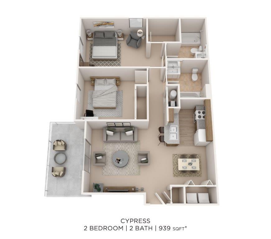 Floor Plan - Two Bedroom 2 Bath-939 sqft