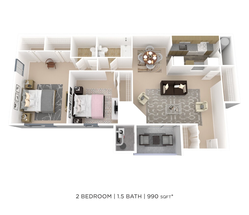 Floor Plan - Two Bedroom 1.5 Bath - 990 sqft