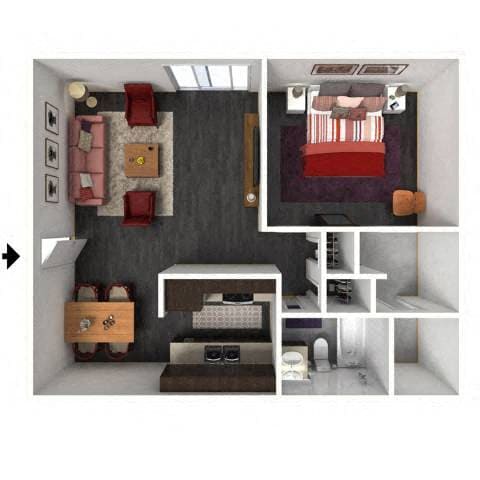 Floor Plan - 1 Bed, 1 Bath - 663 SF