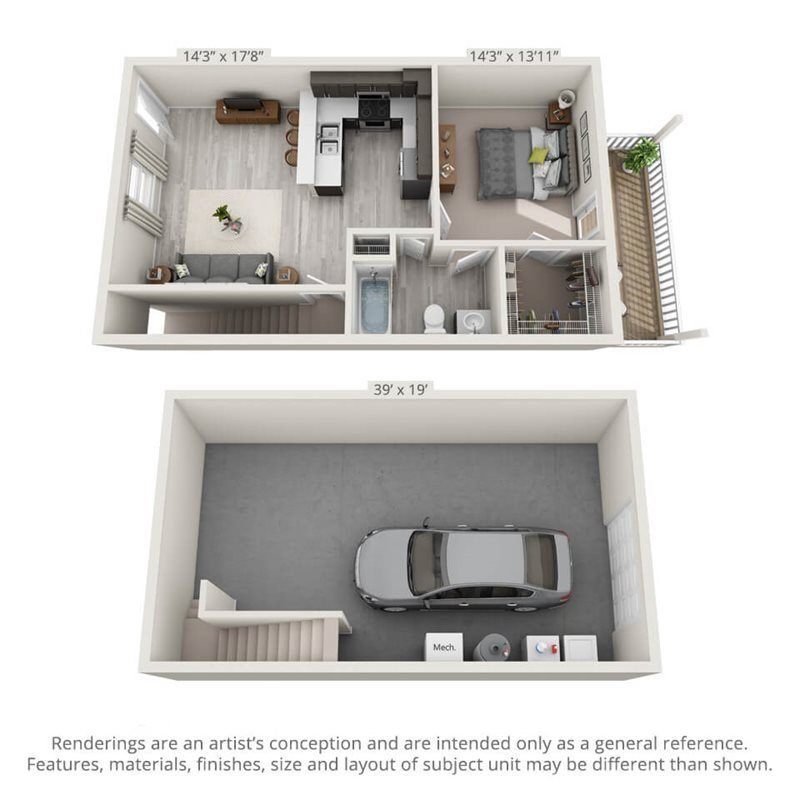 Floor Plan - 1 Bedroom with Drive Under Garage - 760sf