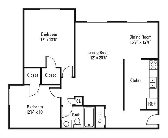Floor Plan - 2 Bedroom, 1 Bath 933 sq. ft.