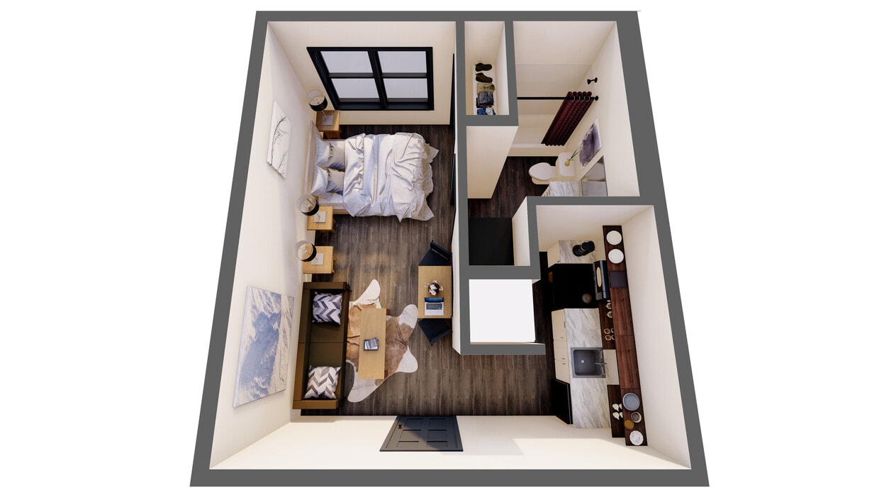 Explore this chic studio apartment featuring an inviting bedroom and an open-concept living space. - Studio