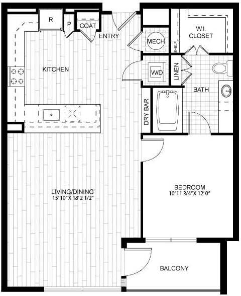 Floor Plan - 1 Bed/1 Bath-T_A01B