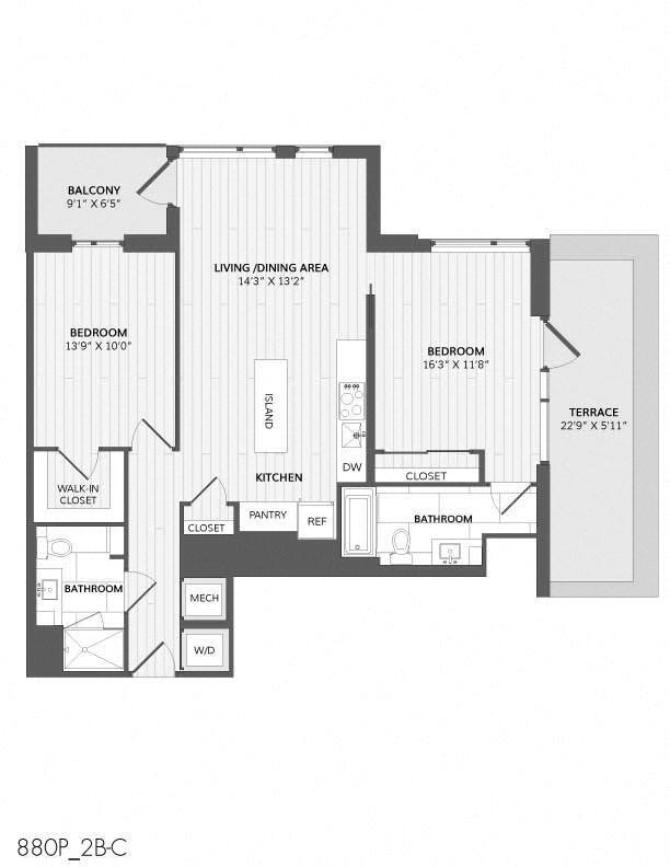 Floor Plan - 2 Bed/2 Bath-2B-C_880 P