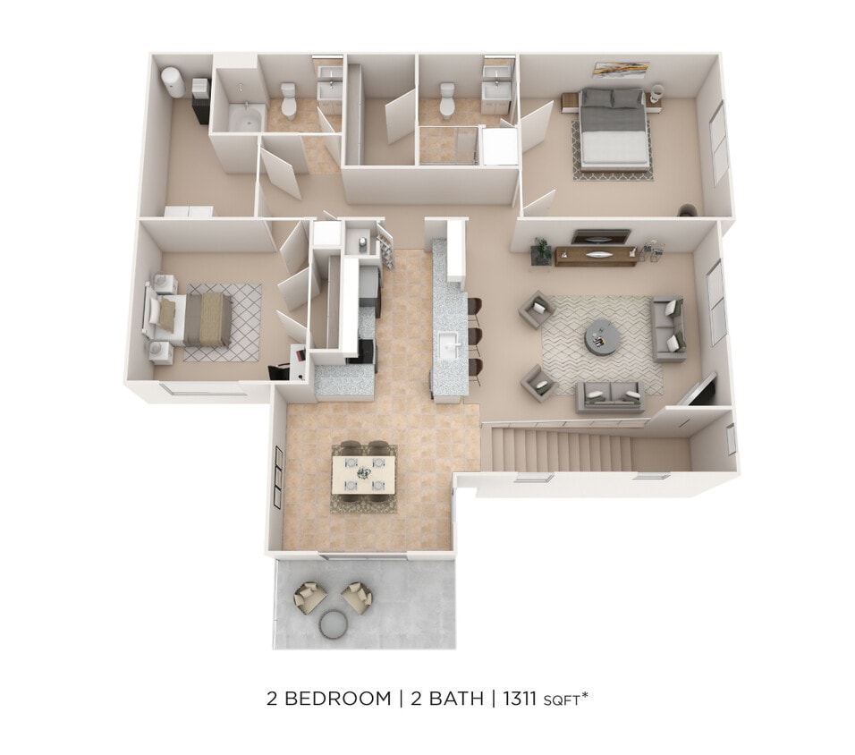 Floor Plan - Two Bedroom 2 Bath- 1311 sqft
