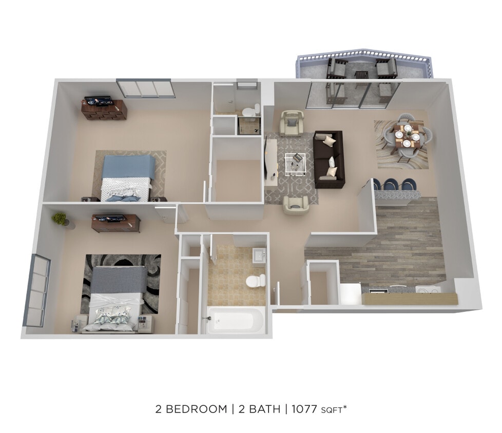 Floor Plan - Two Bedroom 2 Bath - 1,077 sqft
