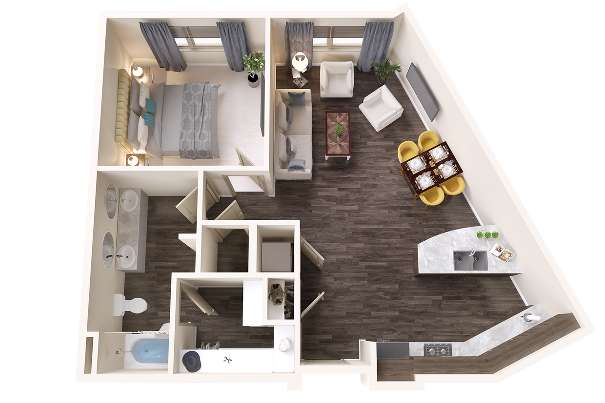 One Bedroom Apartment with Dual Vanity and Spacious Living Spaces - Topaz