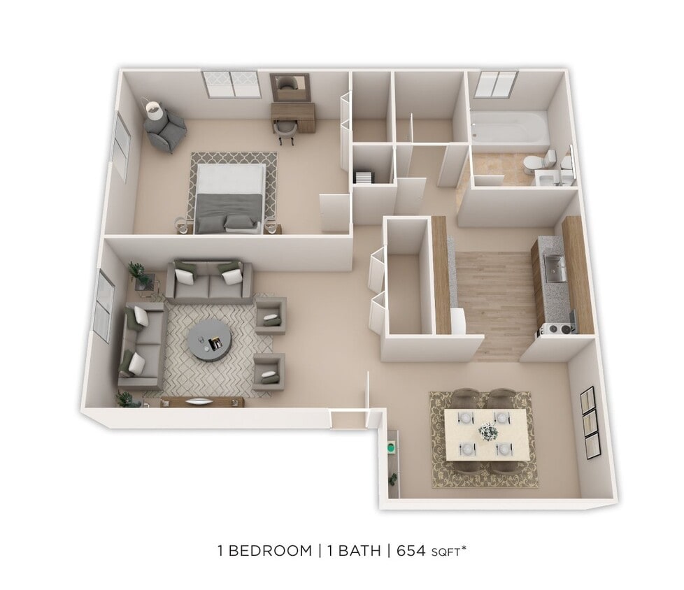 Floor Plan - One Bedroom - 654 sqft