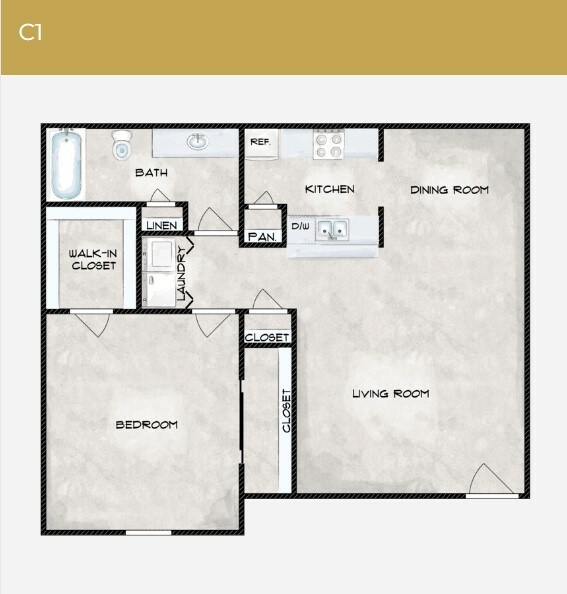 C1 800 Sq ft Floor Plan - 1 Bedroom 1 Bathroom