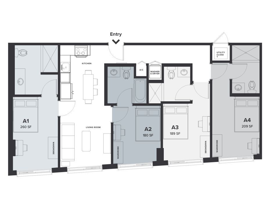 Floor Plan - D1: Rent-By-Bedroom