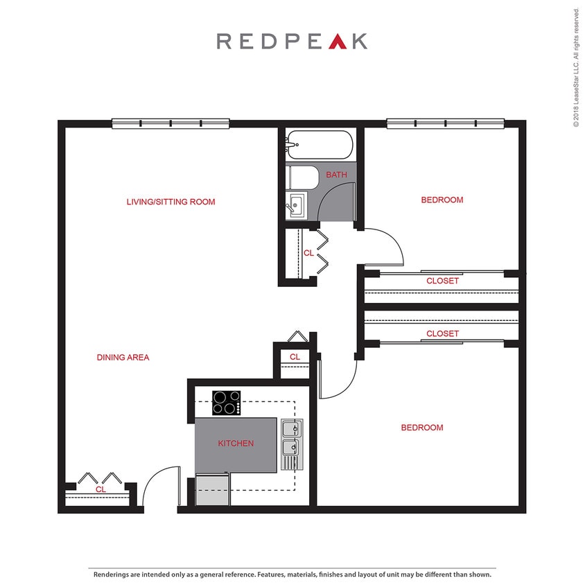 Floor Plan - B1 - 2 Bed / 1 Bath (730 sf)
