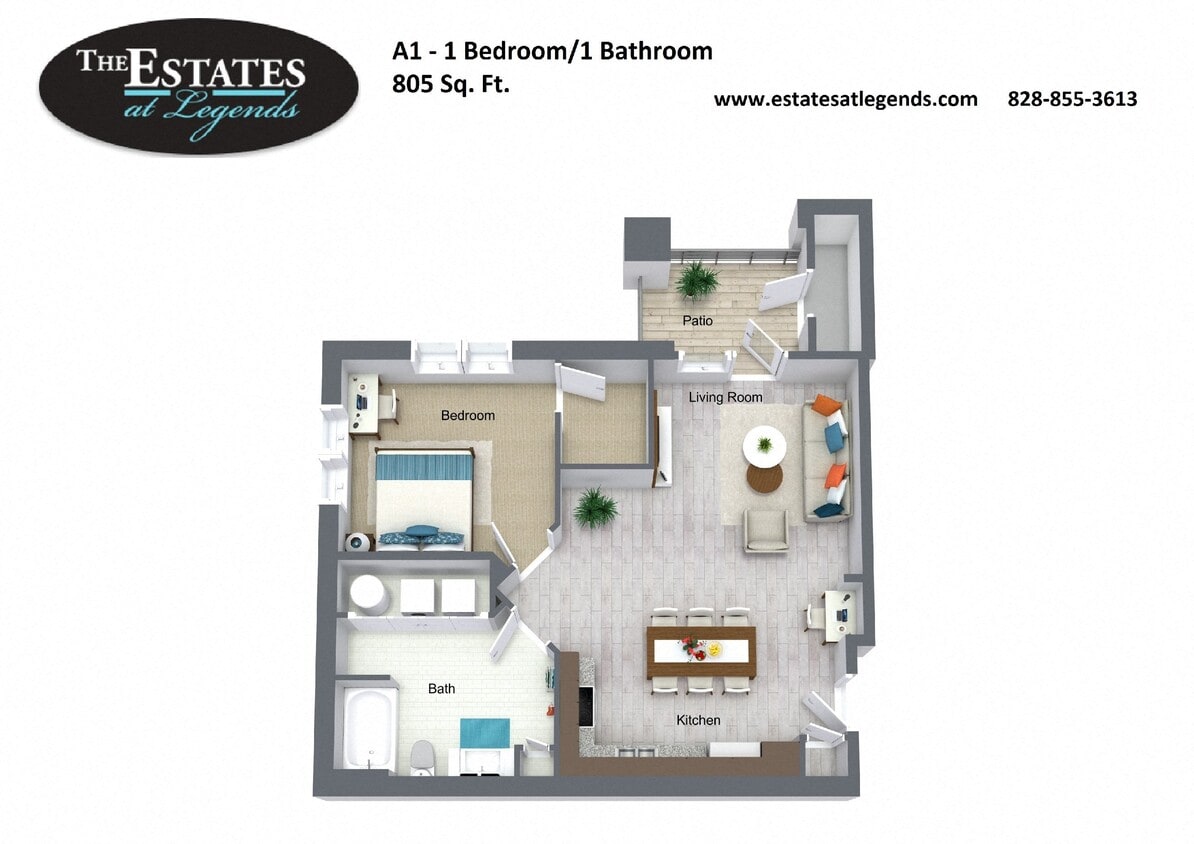 Floor Plan - A1- 1 Bedroom / 1 Bath - The Estates at Legends