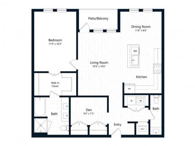 Floor Plan - One Bedroom One Bath Den (1069 SF)