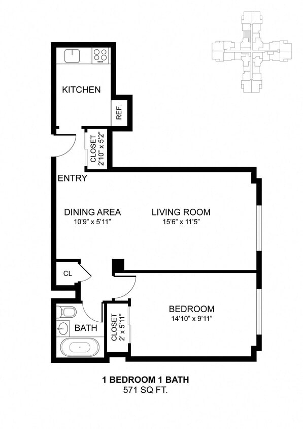 Floor Plan - 1 Bdrm 571 Sq Ft