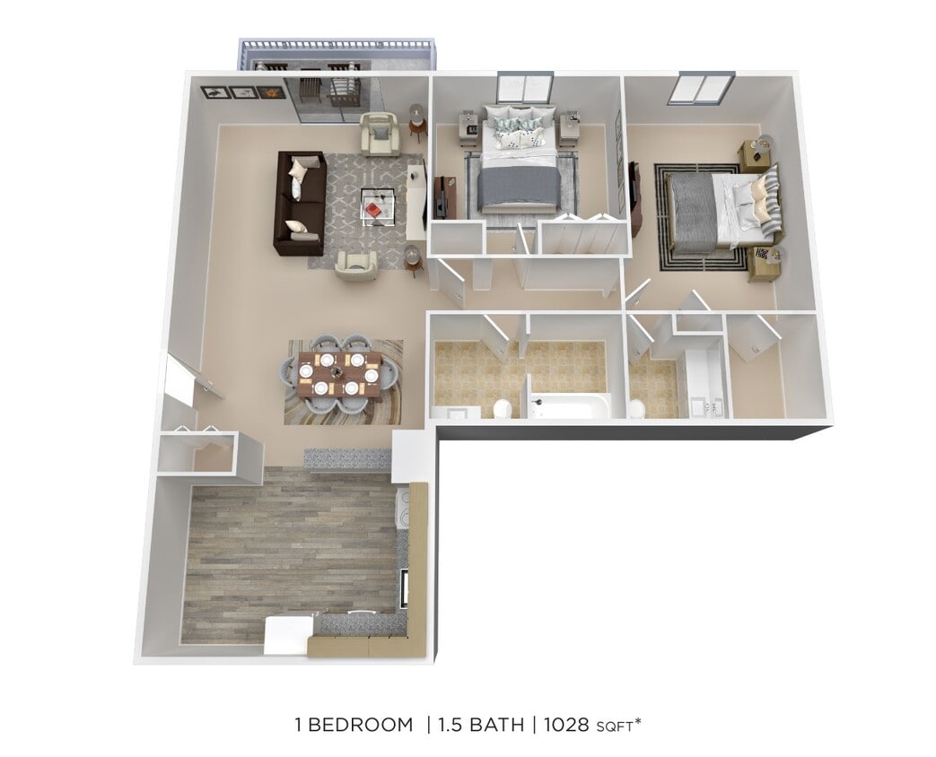 Floor Plan - Two Bedroom 1.5 Bath - 1,028 sqft