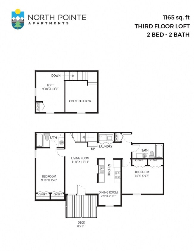 Floor Plan - 2 Bed, 2 Bath - 1,165 sq ft