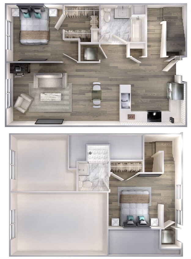 Floor Plan - Avenue F | 1 Bed/2 Bath Duplex-B6D