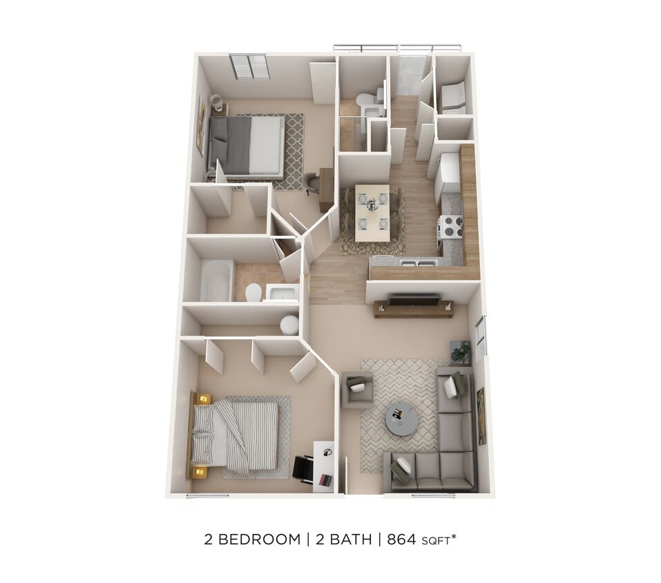 Floor Plan - Two Bedroom 2 Bath- 907 sqft